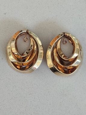 Vintage Solid 14k Yellow Gold Modernist Layered Hoops Earring Jackets